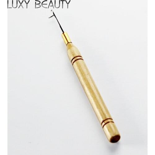 5pcs Hook Needle Wooden Handle Hook Loop Hair Threader Micro Rings Applicator For Tubes Beads Cold Fusion Hair Extension Tool