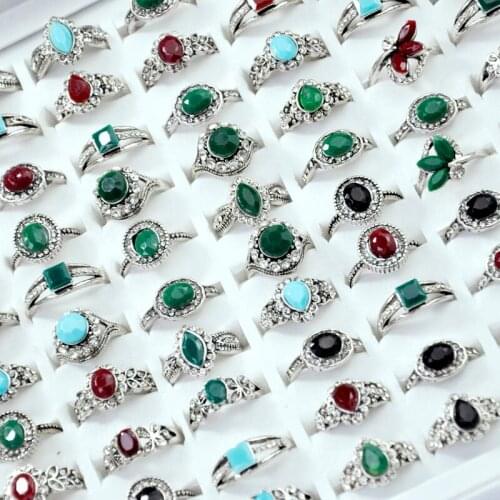 50Pcs Hotsale Vintage Rhinestone Ancient Silver Women Ring Mixed female anel Jewelry Lots Top quality Free Shipping LR4057