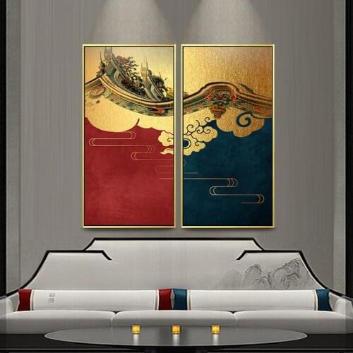 Abstract Wall Art Chinese Style Paintings Red Buildings Canvas Poster Prints Picture for Living Room Bedroom Home Corridor Decor