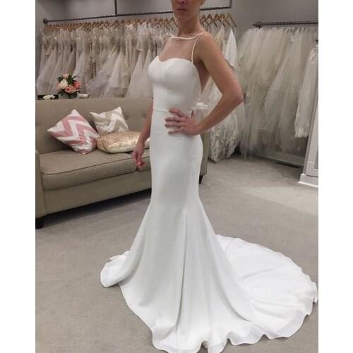 Simple Sexy Backless Mermaid Wedding dresses Satin Chiffon Scalloped Neck Chapel Train Bridal Dress Slim Was Thin