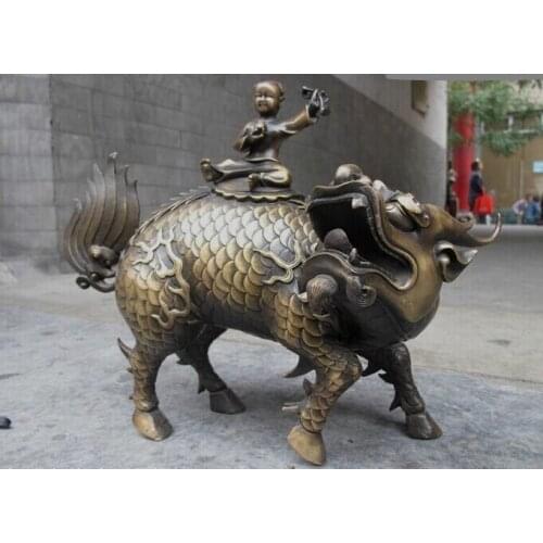 Bi001975 Royal Pure Bronze exquisite Boys Ride on Fu Foo Dog Lion beast kylin statue