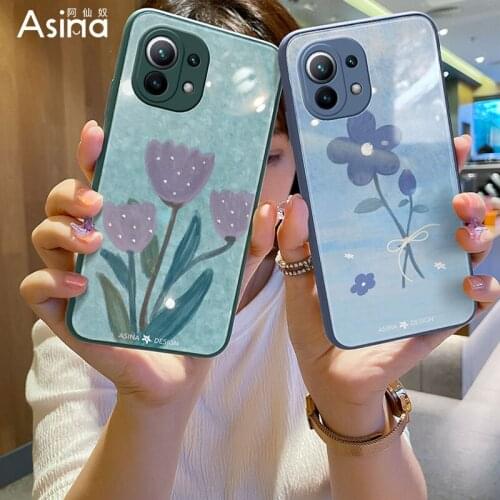 ASINA Liquid Silicone Tempered Glass Case For Xiaomi Mi11 10 Poco F3 Cute Cover For Xiaomi Redmi Note 8 7 Pro Luxury Flower Capa