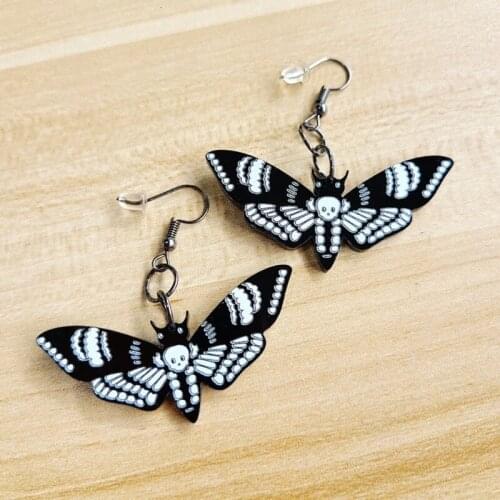 Death Moth Monochrome Acrylic Drop & Dangle Earrings Black White Skull