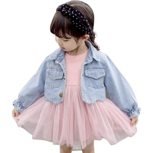 Baby Clothes For Girls Denim Jacket & Dress 2pcs Girls Outfits Patchwork Mesh Dress Suit For Girl Autumn Princess Suit For Girls