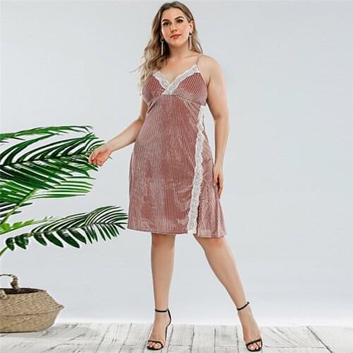 DOIB Women Pink Sleepwear Dress Plus Size Split Lace Patchwork Spaghetti Strap Sexy Dress 2021 Summer Pajamas Dress 4XL