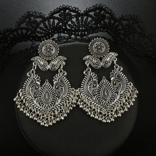 Ethnic Silver Color Earrings for Women Bohemian Afghan Long Tassel Bead Drop Flower Jhumka Indian Earrings Wedding Jewelry