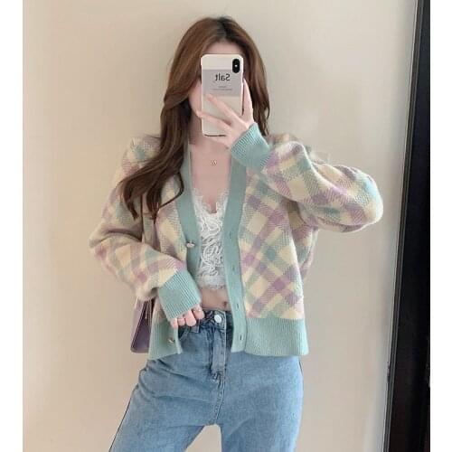 Women Cardigan V-Neck Long Sleeve Short Button Plaid Knitted Loose Oversize Sweater 2021 New Autumn Winter Fashion Casual Jacket