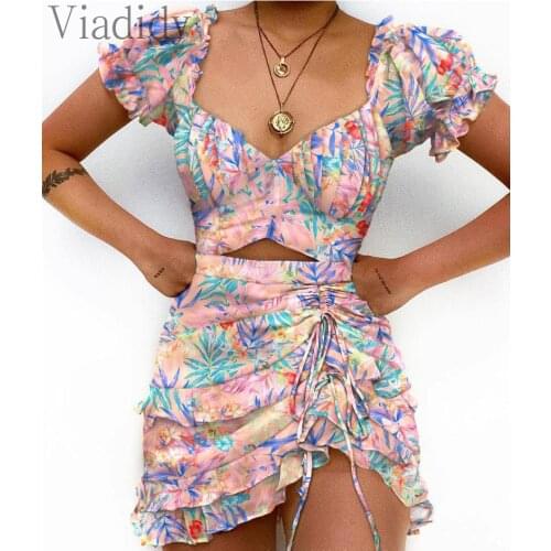 Summer Print Cutout Drawstring Ruffles Ruched Cutout Mini Short Sleeve Sexy Dress