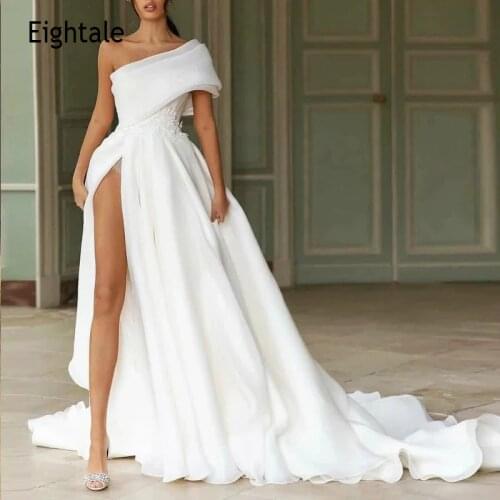 Eightale Arabic Evening Dresses One Shoulder Appliques High Side Split A-Line Simple White Ivory Prom Gown Sexy Party Dress 2021
