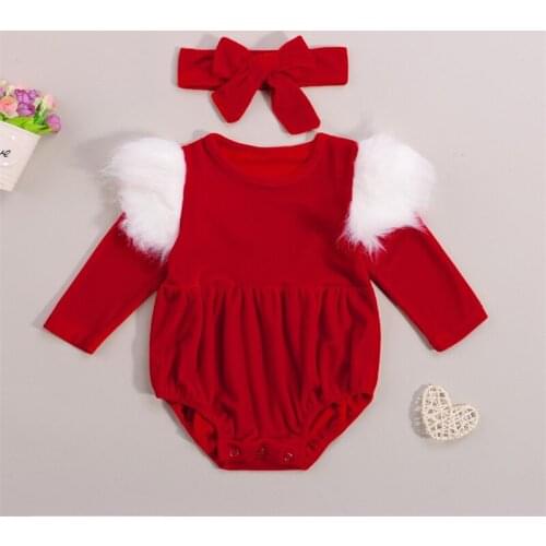 Baby Girls Christmas Outfits Faux Fur Ruffle Trim Long Sleeve Romper Tops with Headband 2 Piece Set for 0-18 Months