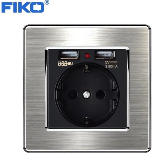 FIKO Black Dual USB Charging Port 5V 2.1A Wall Charger Adapter LED Indicator 16A EU Socket Power Outlet Stainless Steel Panel