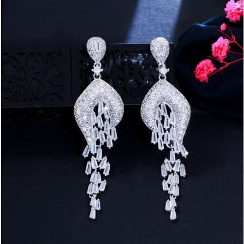 ThreeGraces Sparkling White Cubic Zirconia Silver Color Elegant Long Dangle Drop Earrings Wedding Prom Jewelry for Women ER671