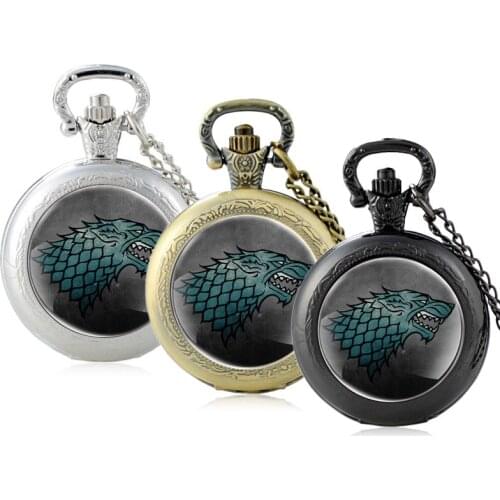 Unique Wolf Head Glass Cabochon Quartz Pocket Watch Vintage Men Women Pendant Necklace Chain Hours Clock