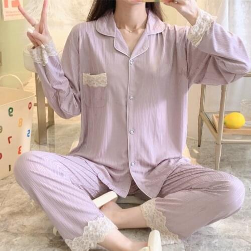 Spring Autumn Women Pajamas New Lace Sweet Sleepwear Lapel Cardigan + Long Pant Two Piece Set Korean Large Size Pijama Mujer