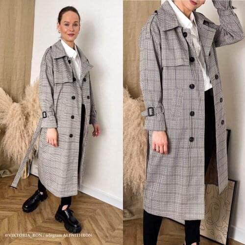 Net red houndstooth plaid windbreaker jacket female spring and autumn Korean style mid-length popular double-breasted coat trend