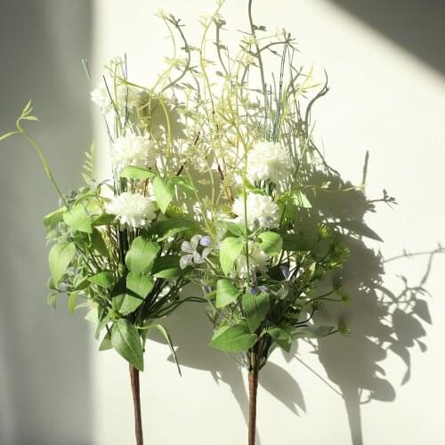 High Quality Silk White fake Flores Mixed grass+flower bundle Artificial flowers with green leaves for wedding decoration
