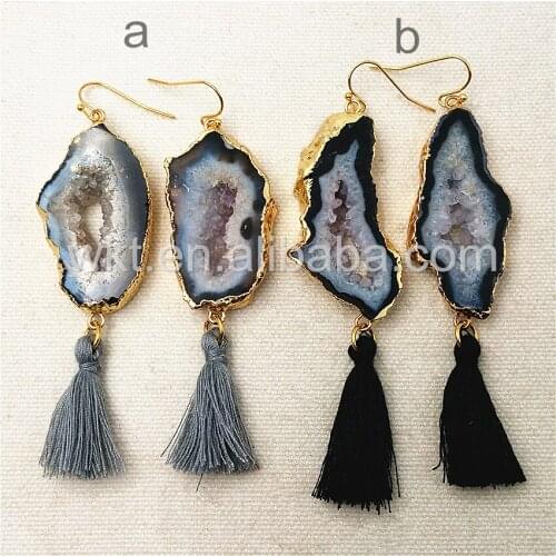 WT-E291 Gorgeous design Natural slice geode stone earrings,Attractive tassel charm stone earrings