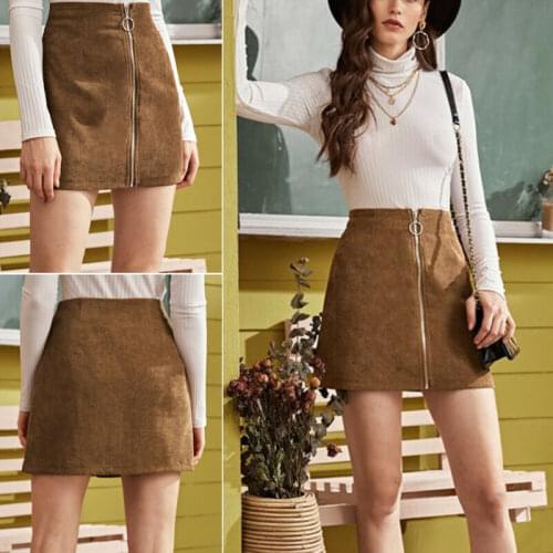 Hirigin Spring Summer Casual Leather Suede Skirt Women Elegant Zipper Mini A-Line Skirt Lady Skinny High Waist Daily Skirt Brown