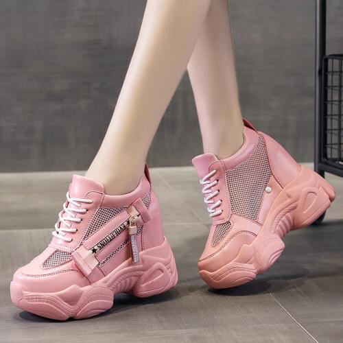 Womens Platform Wedge Shoes 11 cm High Heel Increasing Ladies Casual Shoes Mesh Breathable Quality Woman Chunky Sneakers White