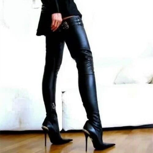Sexy black over the knee thigh high heel boots night club autumn winter shoes woman long crotch bota feminina plus size47