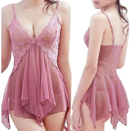 Women Sexy Breathable Thong Lace Underwear Babydoll Sleepwear G-string Sheer Lingeries Lace Nightdress Tempt Perspective Sleepwe