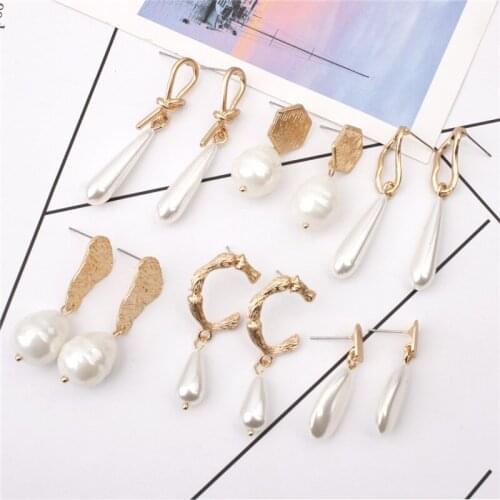 2019 Fashion Korea Metal Gold Geometric Irregular Circle Square Imitation Freshwater Pearl Dangle Drop Earrings Women Girl Gift