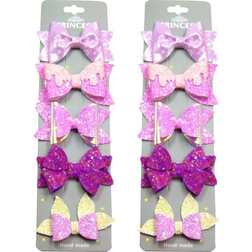 10PCS/SET Lovely Shiny Purple Baby Girls Clip Leather Bow Child Tie Knot Creativity Handmade Hairpins Hair Accessories For Kids