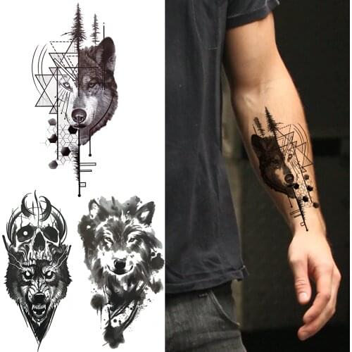 3D Realistic Wolf Fake Temporary Tattoo For Men Women Black Spray Skeleton Fake Tattoos Sticker Body Hands Painting Coyote Tatoo