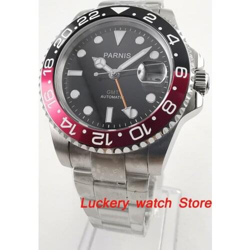 40mm Parnis Black and red Bezel black dial orange GMT luminous marks sapphire glass automatic Mens Watch-PA55