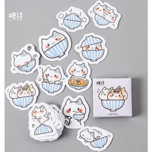 45pcs/pack Square Cute Kawaii Cat & Bowl Mini Adhesive Stickers Scrapbooking Diary Album Stick Label Paper DIY Decor