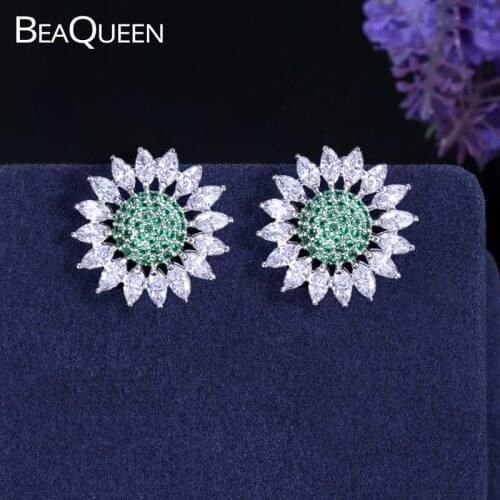 BeaQueen Fashion Cubic Zirconia Crystal Micro Pave Green CZ Stone Lovely Sunflower Stud Earrings for Women Party Jewelry E167