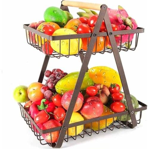 2 Tier Large Fruit Basket Detachable Fruit Display Vegetables Basket Bowl Stand Wire Breads Vegetables Snacks Foldable Basket
