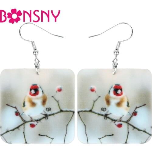 Bonsny Acrylic Square Tree Goldfinch Earrings Print Big Lovely Bird Animal Dangle Drop Jewelry For Women Kid Gift Accessories