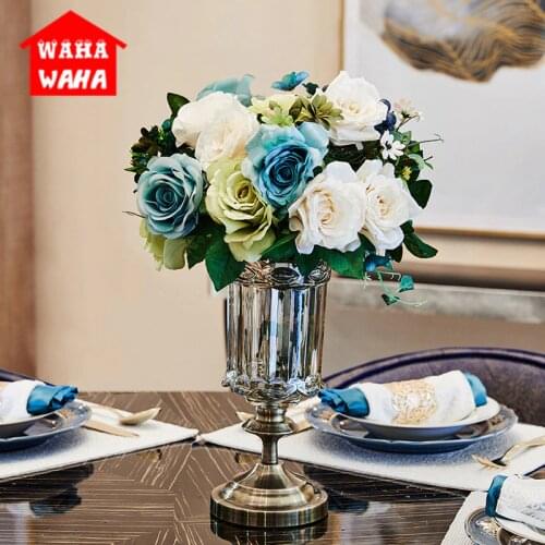 European Classical Transparent Metal Bottom Goblet Glass Vase of Flower Holder Home Furnishing Wedding Decoration Hydroponics