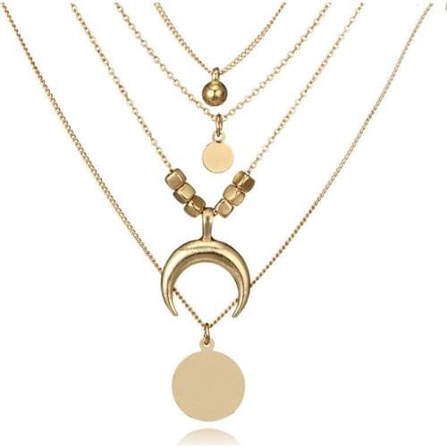 Classic Layered Necklaces For Women Girls Horn Long Crescent Moon Round Coin Pendant Choker Necklace Fashion Vintage Jewelry