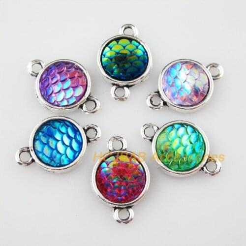 Fashion 18Pcs Tibetan Silver Scales Round Mixed Resin Charms Pendant Connectors 12x19mm