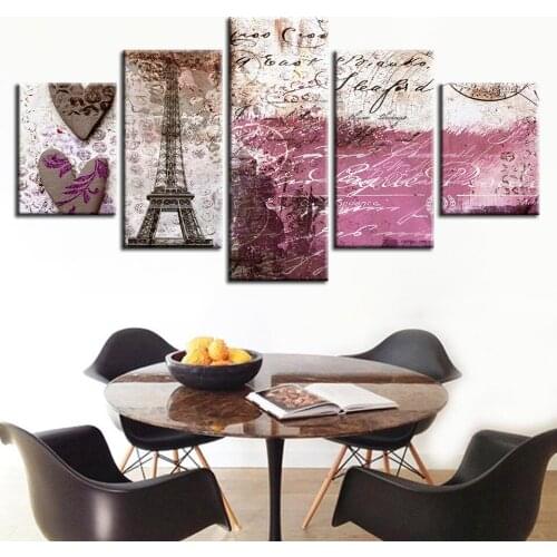 Wall Art Canvas Painting 5 Pieces Vintage Abstract Paris Tower Scenery Modular Prints Love Heart Poster Room Home Decoration