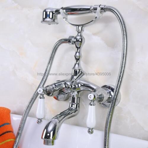 Wall Mounted Chrome Modern Style Bathtub Faucet Dual Handles Mixer Tap with Hand Shower Bna219