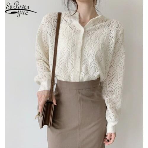 2021 Solid Elegant Tops Cardigan Knitted Hollow Out Blouses Women White Lantern Long Sleeve Shirts Women Blusa Feminina 9824
