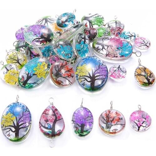 2PC Random Color Natural Dried Flower Life Tree Necklace Pendant for Women Resin Crystal Glass Ball Round Necklaces Jewelry