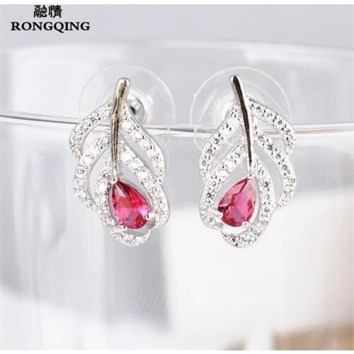 RONGQING 1Pairs/lot Luxury Zircon Feather Earrings for Women Wedding Anniversary Earring Gift
