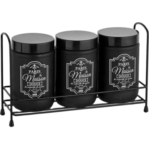 Black Glass Spice Rack 3 Pieces Glass Spice Rack with Metal Stand Food Storage kitchen storage hot sale bottle seasoning box