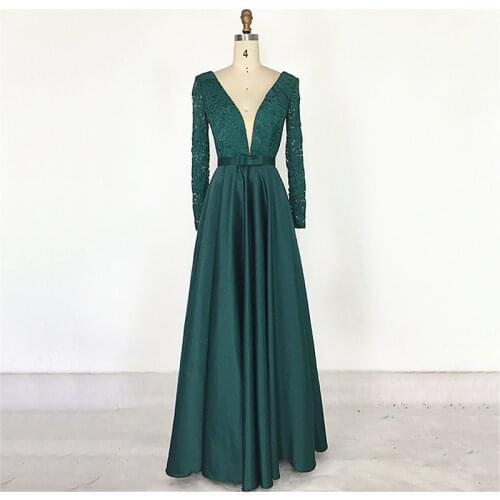 Dark Green Mother of The Bride Dresses Deep V-neck Satin Formal Party Gowns Lace Long Sleeves Evening Dress Robe De Soiree