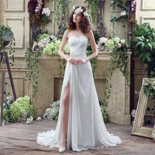 In Stock Side Slit Beach Party Dress Chiffon Vestido De Noiva A-Line With Pleat Crystal Abiti Da Sposa robe de mariee 20251
