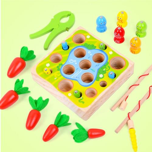 Fishing games magnetic and pulling radish game baby wooden toys Fun farm game Montessori toys for children learning daycare toy