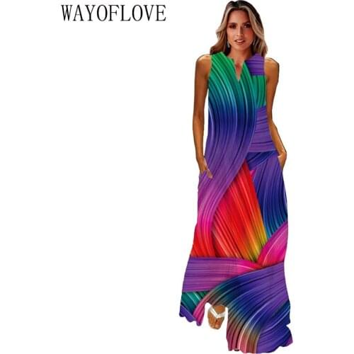 WAYOFLOVE 2021 Fashion Summer Dress Women Beach Robe Elegant Casual Plus Size Long Dresses Woman Sleeveless Girl Dress Women