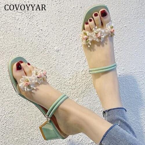 COVOYYAR Thick Heel Womens Slippers Summer Fashion Floral Slide Sandals Pumps Square Heels Open Toe Casual Shoes Woman WSL255