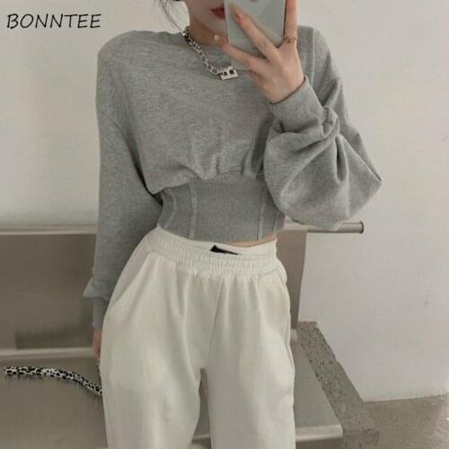 Women No Hat Hoodies Solid Loose Minimalist Lazy All-match Korean Style Casual Chic Trendy Autumn Feminino Cropped Sweatshirts