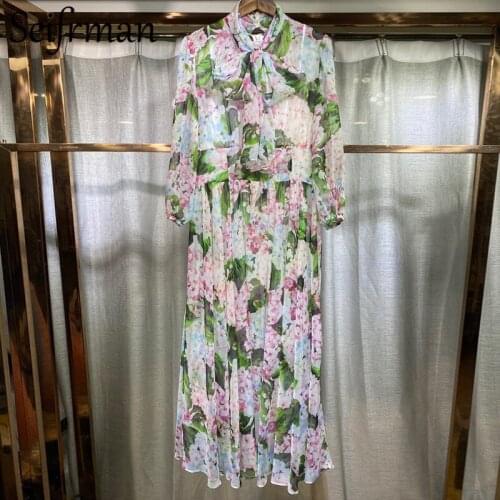 Seifrmann New 2021 Summer Women Fashion Runway Long Dress Bow Lantern Sleeve Floral Printed High Waist Elegant A-Line Dresses
