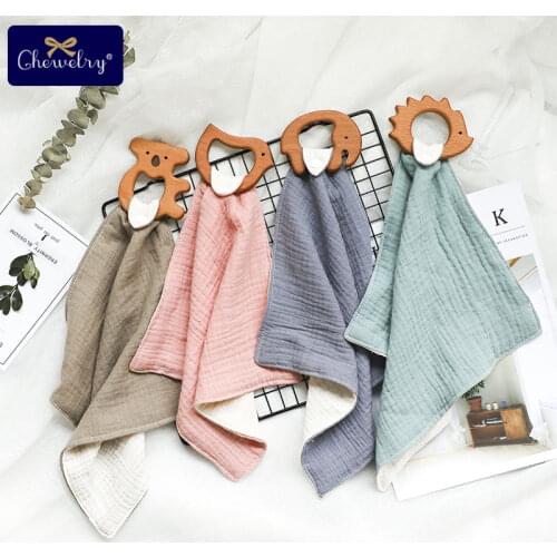 1pcs Baby Bibs Cotton With Wooden Teether Rodent Animals Koala Newborn Solid Color Snap Button Soft Triangle Towel Burp Cloths